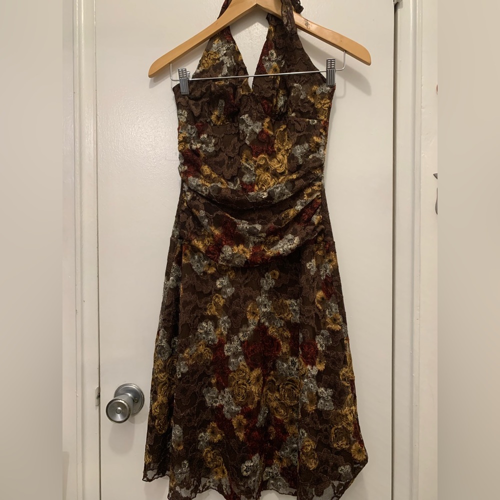 Le Chateau Y2K lace Lora print brown halter neck-tie dress Women’s small